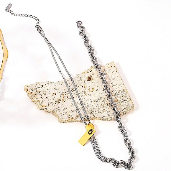 Sterling Silver Chain Link Zircon Zipper Herringbone Punk Choker Necklace - Picture 6 of 14